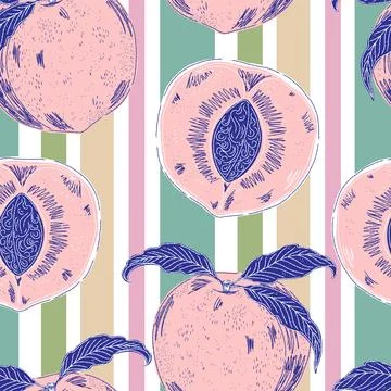 Peaches Seamless Pattern. A vintage hand-drawn illustration in a sketchy styl Stock Illustration