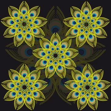 Peacoc feathers on black background Stock Illustration