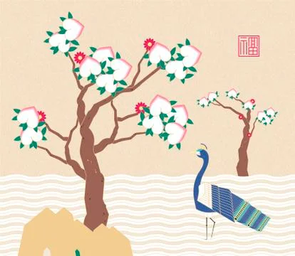 Peacock and peach tree Stock Illustration