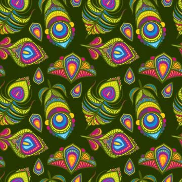 Peacock bird feathers vector indian traditional seamless pattern Stock Illustration