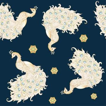 Peacock bird seamless pattern, background. Illustrazione stock