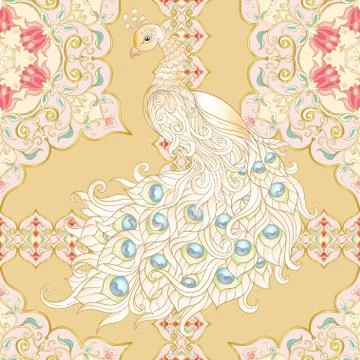 Peacock bird seamless pattern, background. Stock Illustration