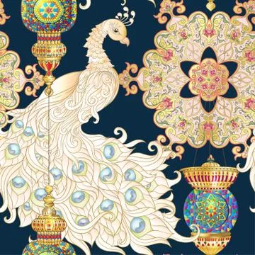Peacock bird seamless pattern, background. Stock Illustration