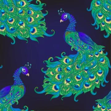 Peacock bird seamless pattern, background. Stock Illustration