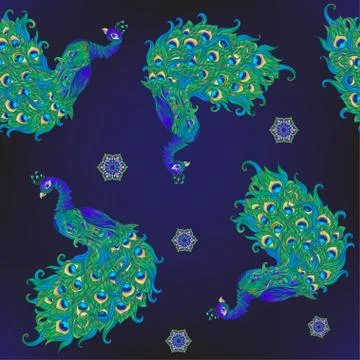Peacock bird seamless pattern, background. Stock Illustration