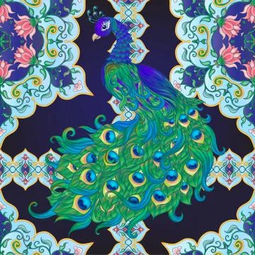 Peacock bird seamless pattern, background. Stock Illustration