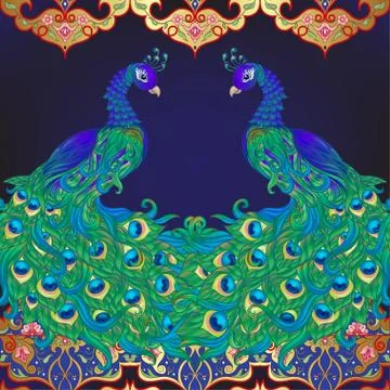 Peacock bird seamless pattern, background. Illustrazione stock