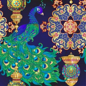 Peacock bird seamless pattern, background. Stock Illustration
