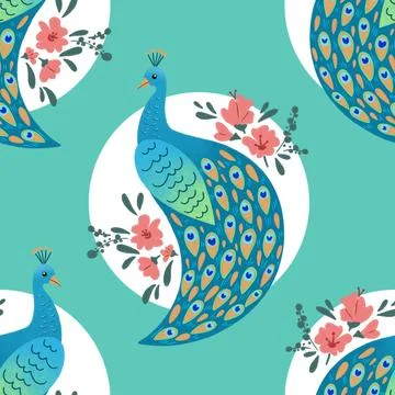 Peacock bird seamless pattern design on turquoise Stock Illustration