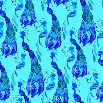 Peacock birds. Blue seamless pattern background. Vector illustration. 스톡 일러스트