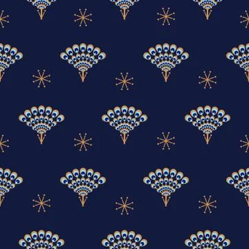 Peacock fan seamless blue vector pattern. 스톡 일러스트