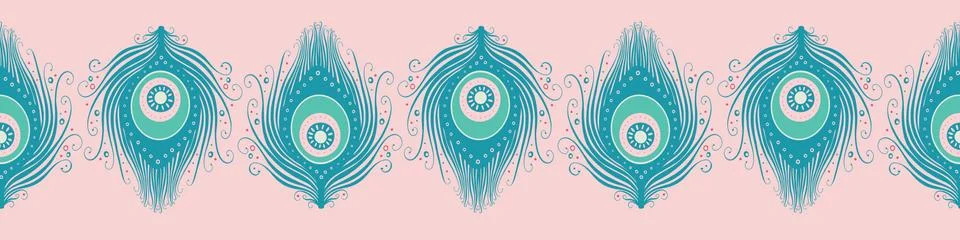 Peacock feather banner design, vector seamless repeat bird feathers border Stock Illustration