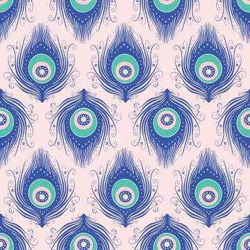 Peacock feather pattern design. Vector seamless repeat nature background Illustrazione stock