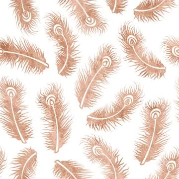 Peacock Feather Seamless Pattern in Rose Gold on White Background Illustrazione stock