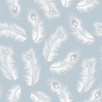 Peacock Feather Seamless Pattern Silver on Light Blue Background 스톡 일러스트