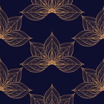 Peacock feathers floral royal pattern seamless. Gold black luxury background Stock Illustration