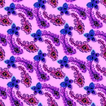 Peacock feathers. Pink seamless pattern background. Vector illustration. Stock Illustration