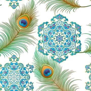 Peacock feathers Seamless pattern, background Stock Illustration