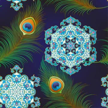 Peacock feathers Seamless pattern, background Illustrazione stock