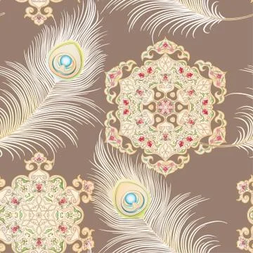 Peacock feathers Seamless pattern, background. Illustrazione stock