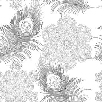 Peacock feathers Seamless pattern, background. Illustrazione stock
