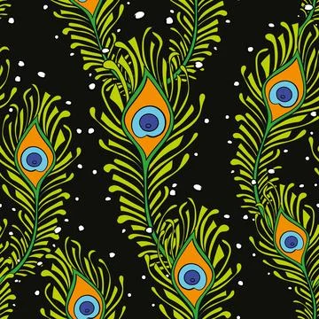 Peacock Feathers Seamless Pattern Peacock, Wallpaper, Black Background Illustrazione stock