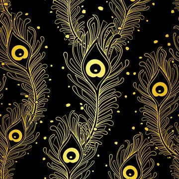 Peacock Feathers Seamless Pattern Peacock, Wallpaper, Black Background Stock Illustration