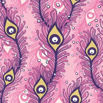 Peacock Feathers Seamless Pattern Peacock, Wallpaper, Pink Background Stock Illustration