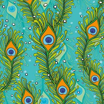 Peacock Feathers Seamless Pattern Peacock, Wallpaper, Blue Background Stock Illustration