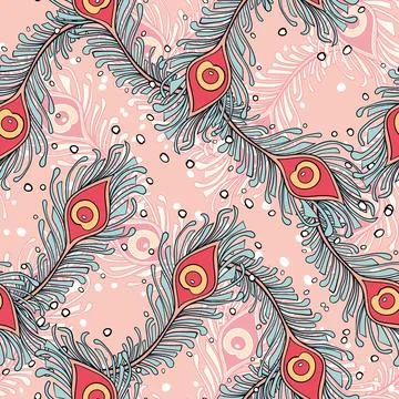 Peacock Feathers Seamless Pattern Peacock, Wallpaper, Pink Background Stock Illustration