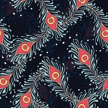 Peacock Feathers Seamless Pattern Peacock, Wallpaper, Black Background Stock Illustration