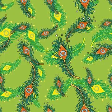 Peacock Feathers Seamless Pattern Peacock, Wallpaper, Green Background Stock Illustration