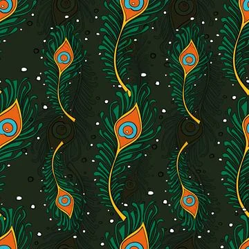 Peacock Feathers Seamless Pattern Peacock, Wallpaper, Green Background Illustrazione stock