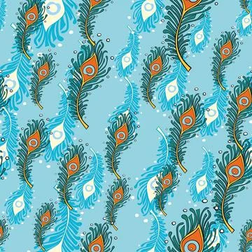 Peacock Feathers Seamless Pattern Peacock, Wallpaper, Blue Background Stock Illustration