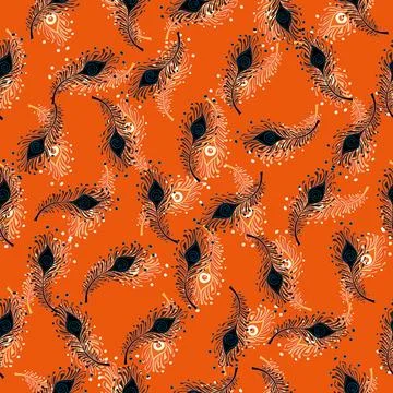 Peacock Feathers Seamless Pattern Peacock, Wallpaper, Orange Background Stock Illustration