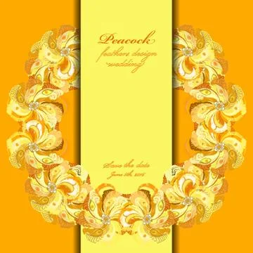 Peacock feathers wedding background. Circle vector frame illustration. 스톡 일러스트