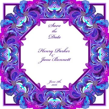 Peacock feathers wedding background. Printable vector frame illustration. 스톡 일러스트