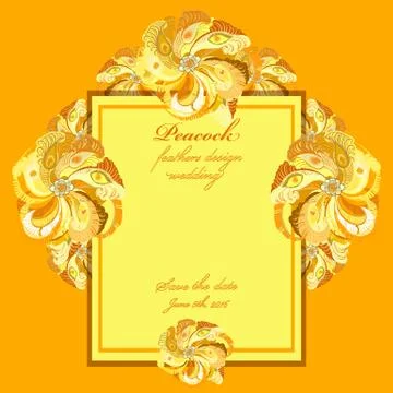 Peacock feathers wedding background. Printable vector frame illustration. 스톡 일러스트