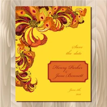 Peacock feathers wedding card. Printable vector background illustration. 스톡 일러스트