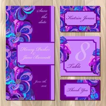 Peacock Feathers Wedding card set. Printable Vector illustration Stock Illustration