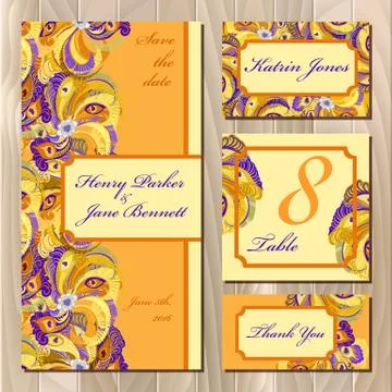 Peacock Feathers wedding card set. Printable Vector illustration Stock Illustration