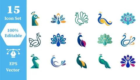 Peacock icon set flat design style collection with illustration, colorful Stock Illustration