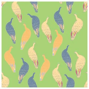 Peacock illustration endless pattern on green background. Stock Illustration