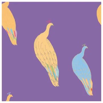 Peacock illustration endless pattern purple background. Stock Illustration