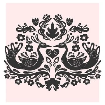 Peacocks. Folk-style pattern, symmetrical, detailed vector element. Rustic, S Stock Illustration