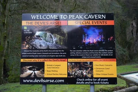 Peak Cavern The Devil's Arse Welcome Sign Castleton The Peak District England Stock Photos