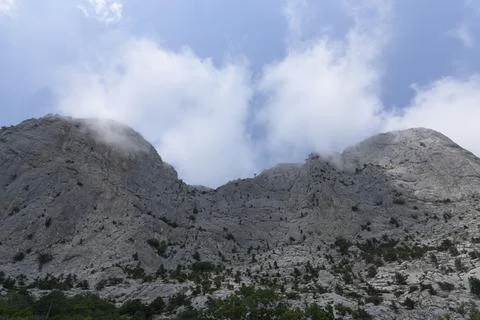 The peak, high gray cliffs against the blue sky, the forest at the foot of .. Stock-Fotos
