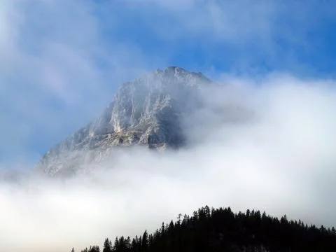 The peak of a high mountain in white clouds. In the foreground are treetops Stock Photos