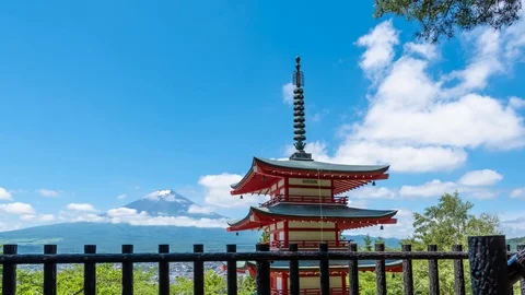 The Peak of Mt. Fuji between cloud with Chureito Pagoda Stock Footage 92078208