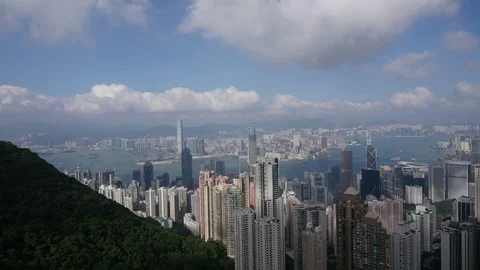 The peak view Pan right shot of Hong Kong city skyscrapers Stock Footage 91459291